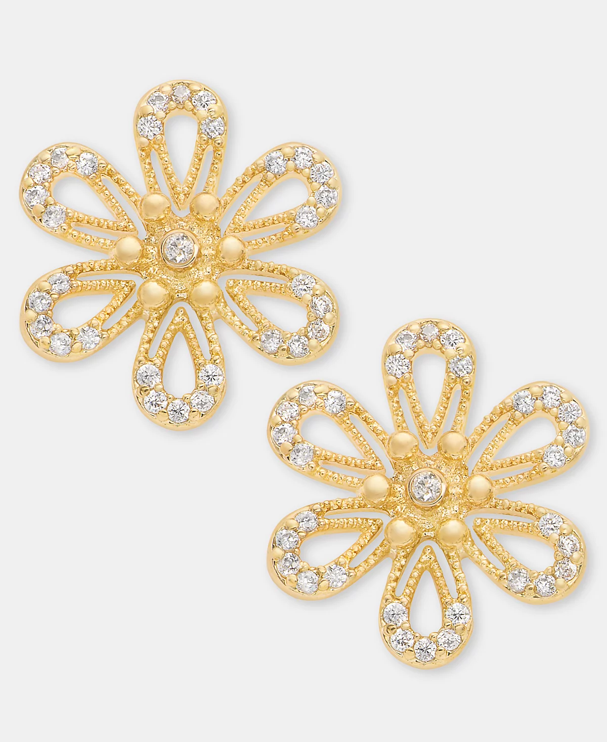 Gold-Tone Pavé Openwork Flower Stud Earrings